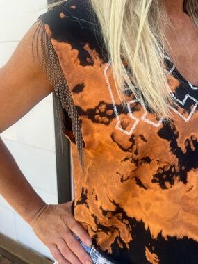 Women's AC/DC Upcycled Orange and Black Tie-Dye Fringe Sleeve Top